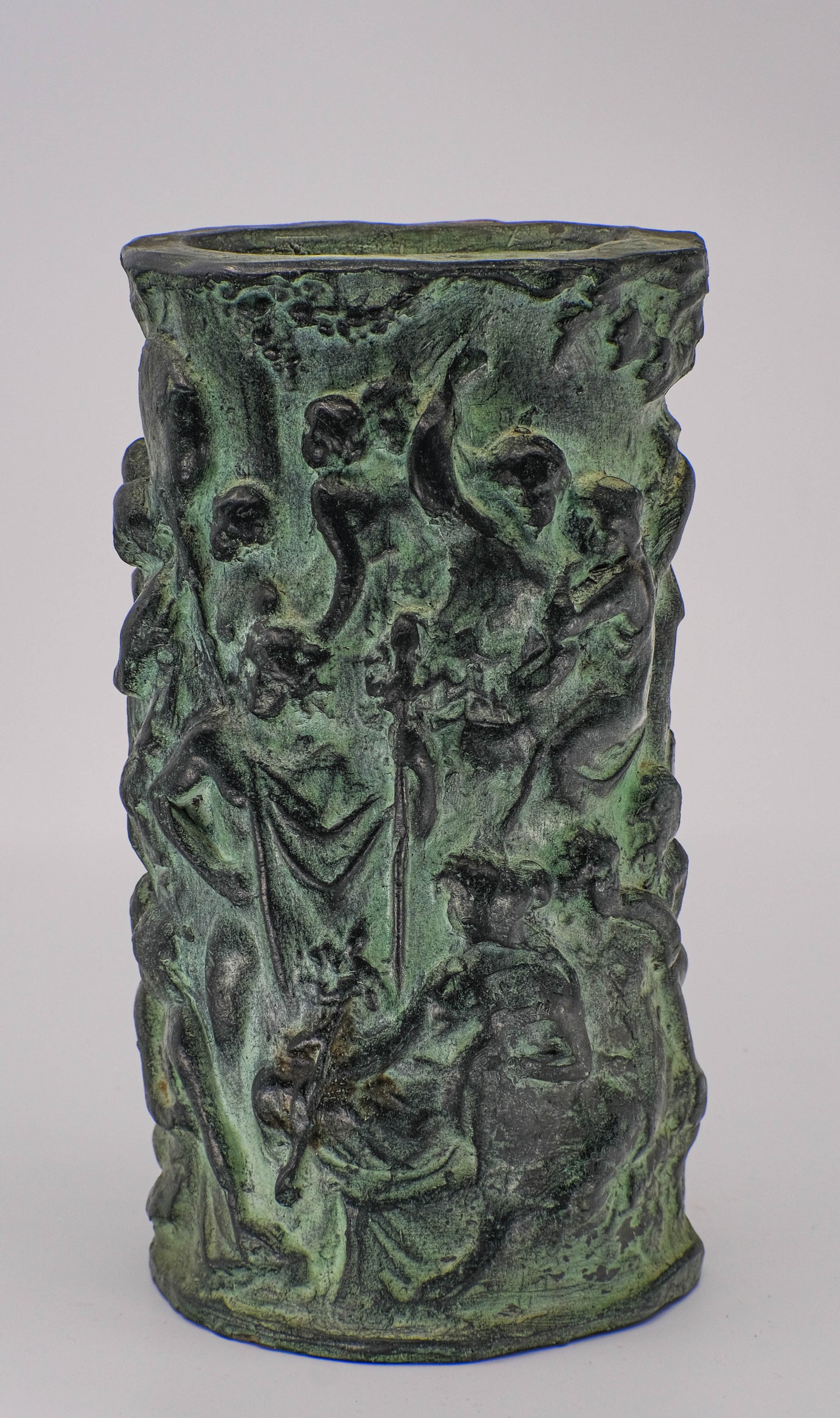 Terracotta verdigris patina Bacchanal vase.
