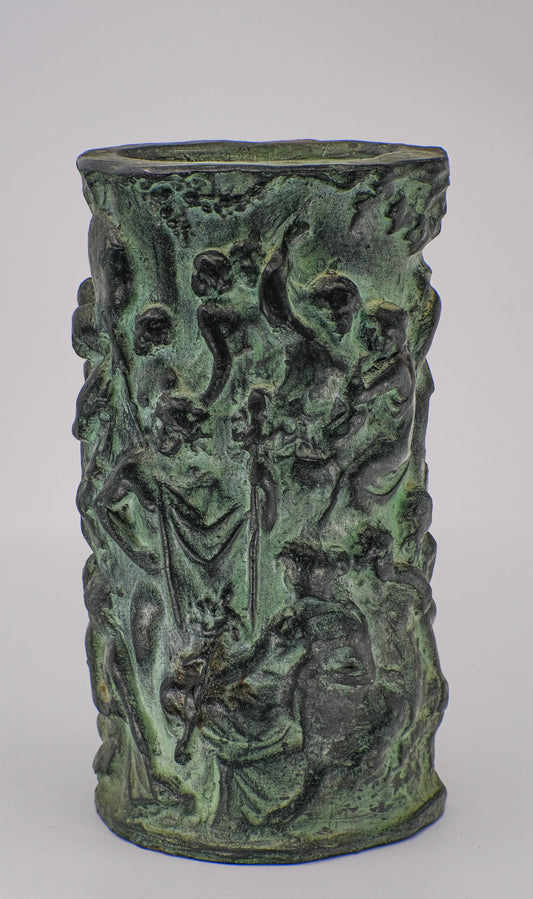 Terracotta verdigris patina Bacchanal vase.