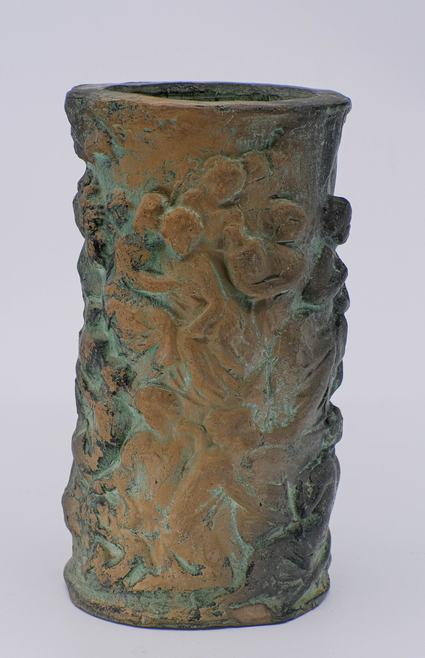 Terracotta verdigris patina Bacchanal vase.